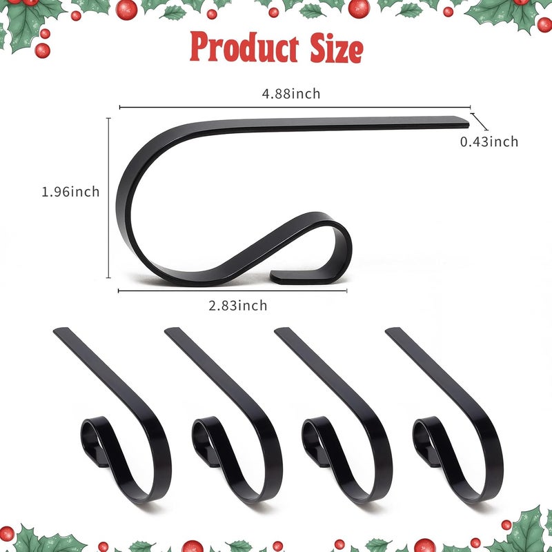 Klurent Christmas Stocking Holders for Mantle Set of 4, Lightweight Adjustable Christmas Stocking Holder Hooks Metal Fireplace Hanger for Christmas Party Decoration, Non-Slip Mantle Stocking Hooks(Black) - Image 2